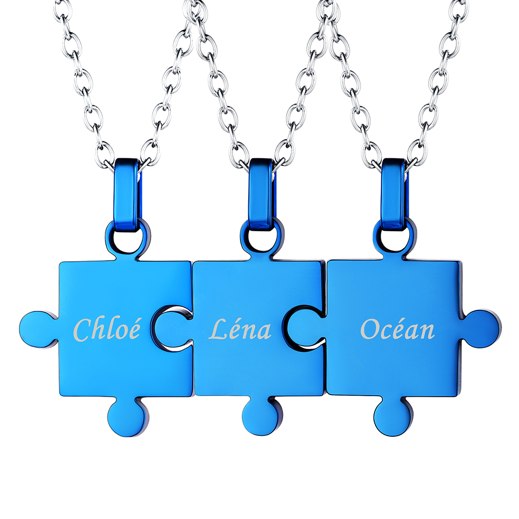 Colliers Puzzle Personnalisés en acier inoxydable pour Famille ou Amis Bleu