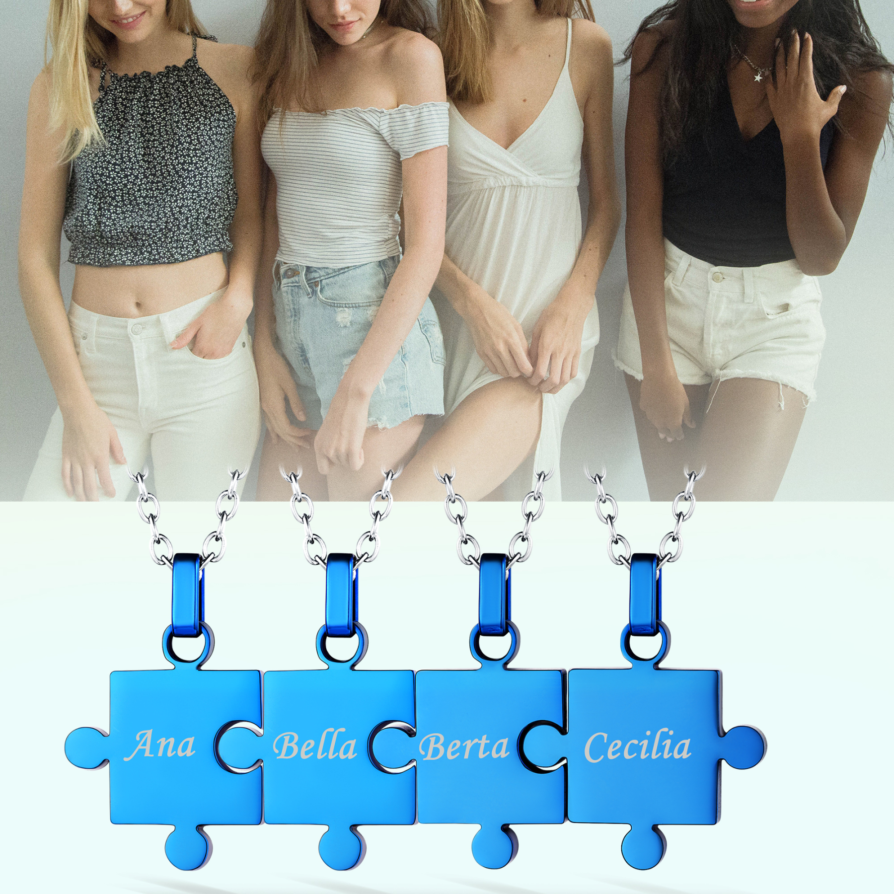 Collier d'Amitié Personnalisé Gravé Puzzle pour Amis Bleu