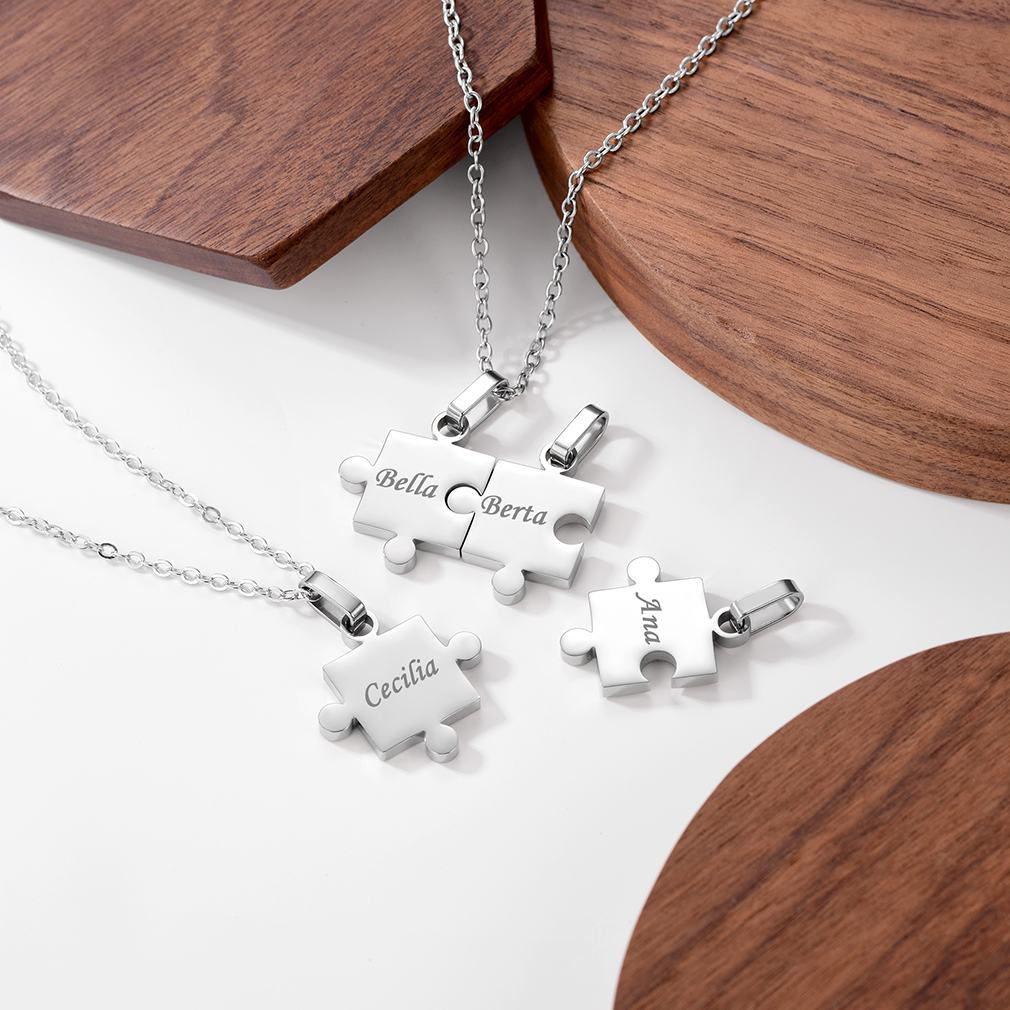Collier d'Amitié Personnalisé Gravé Puzzle Argenté