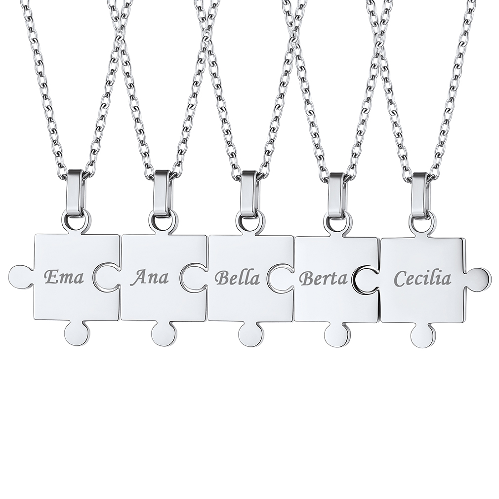 Collier Puzzle Personnalisé en Acier 316L avec Prénoms Gravés Argenté