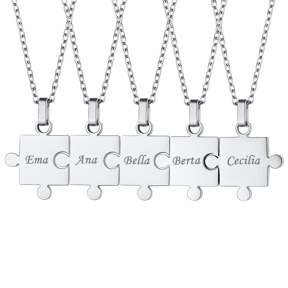 Collier Puzzle Personnalisé en Acier 316L avec Prénoms Gravés Argenté