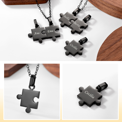 Collier Puzzle Personnalisé en Acier 316L avec Prénoms Noir