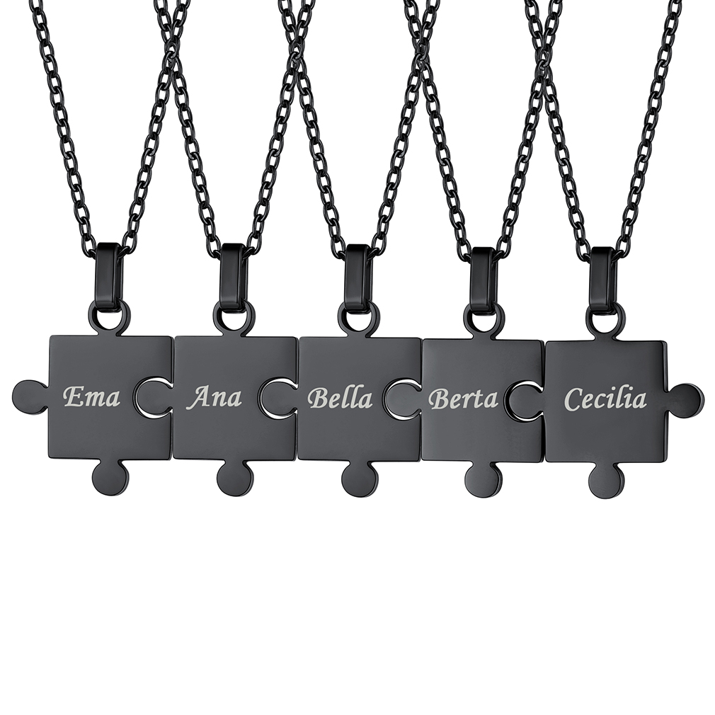Collier Puzzle Personnalisé en Acier 316L avec Prénoms Gravés Noir