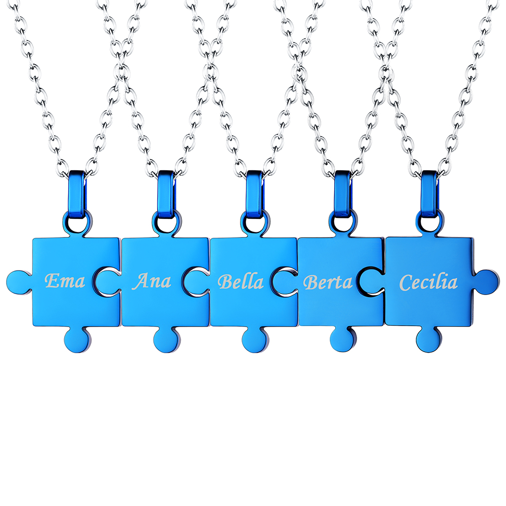 Collier Puzzle Personnalisé en Acier 316L avec Prénoms Gravés Bleu