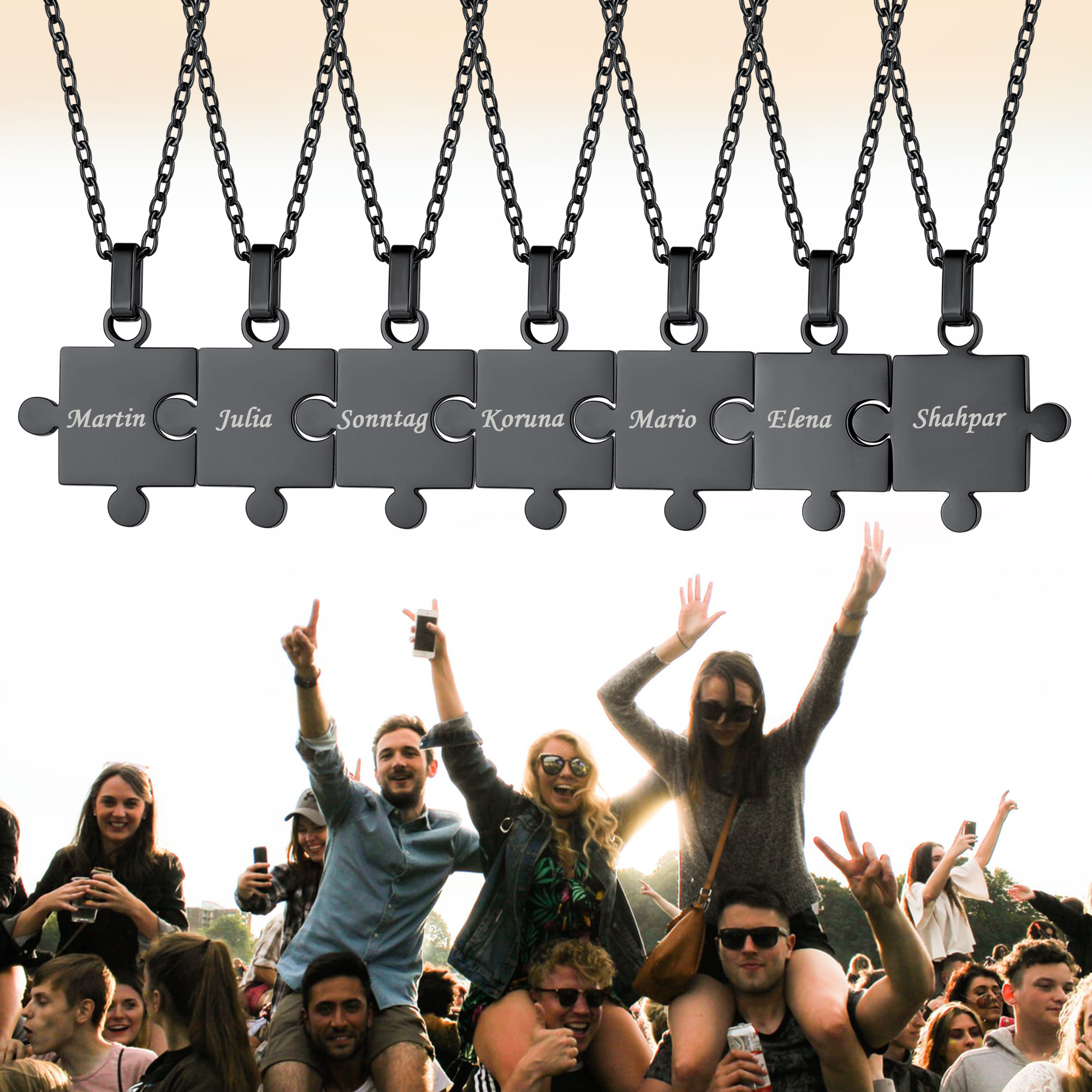 Collier Puzzle 7 Pièces Gravé en Acier Inoxydable pour Amis ou Famille Noir