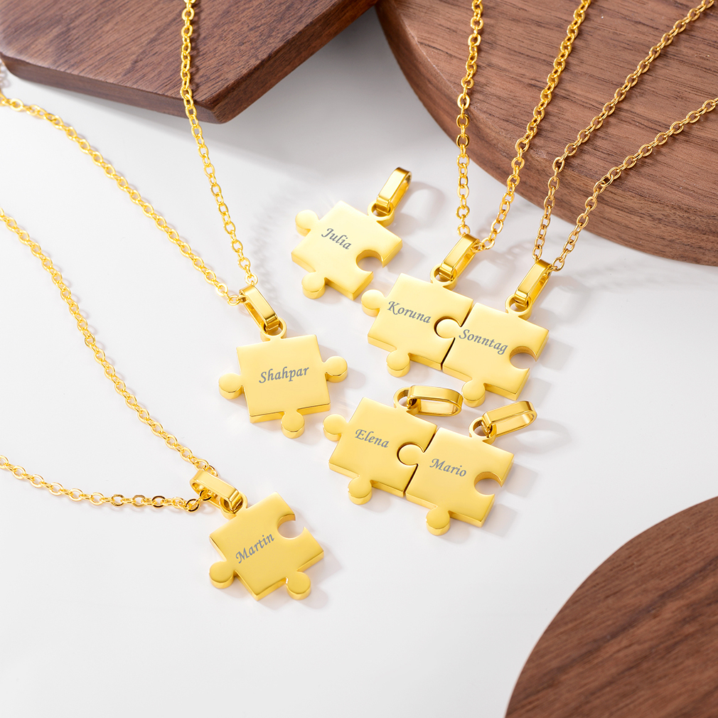 Collier Puzzle 7 Pièces Gravé en Acier Inoxydable pour Amis ou Famille Or