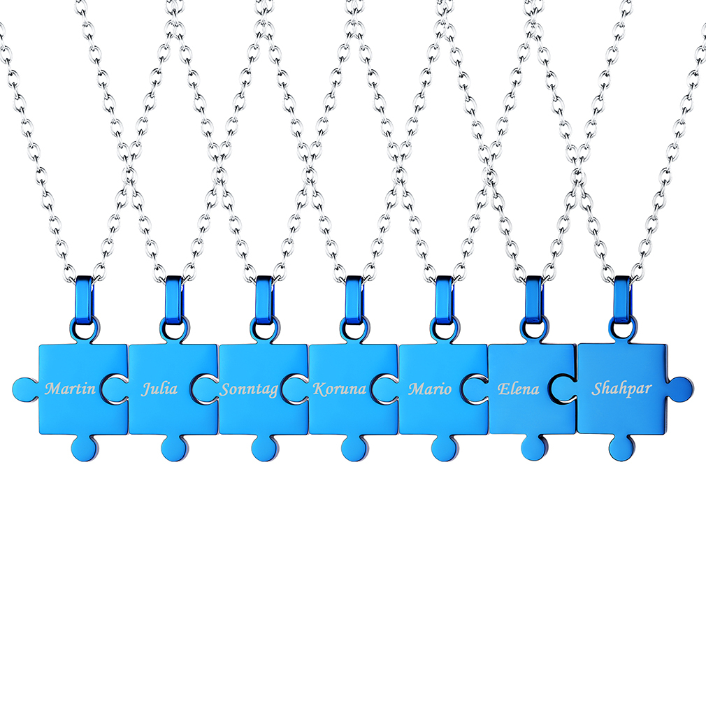 Collier Puzzle 7 Pièces Gravé en Acier Inoxydable pour Amis ou Famille Bleu