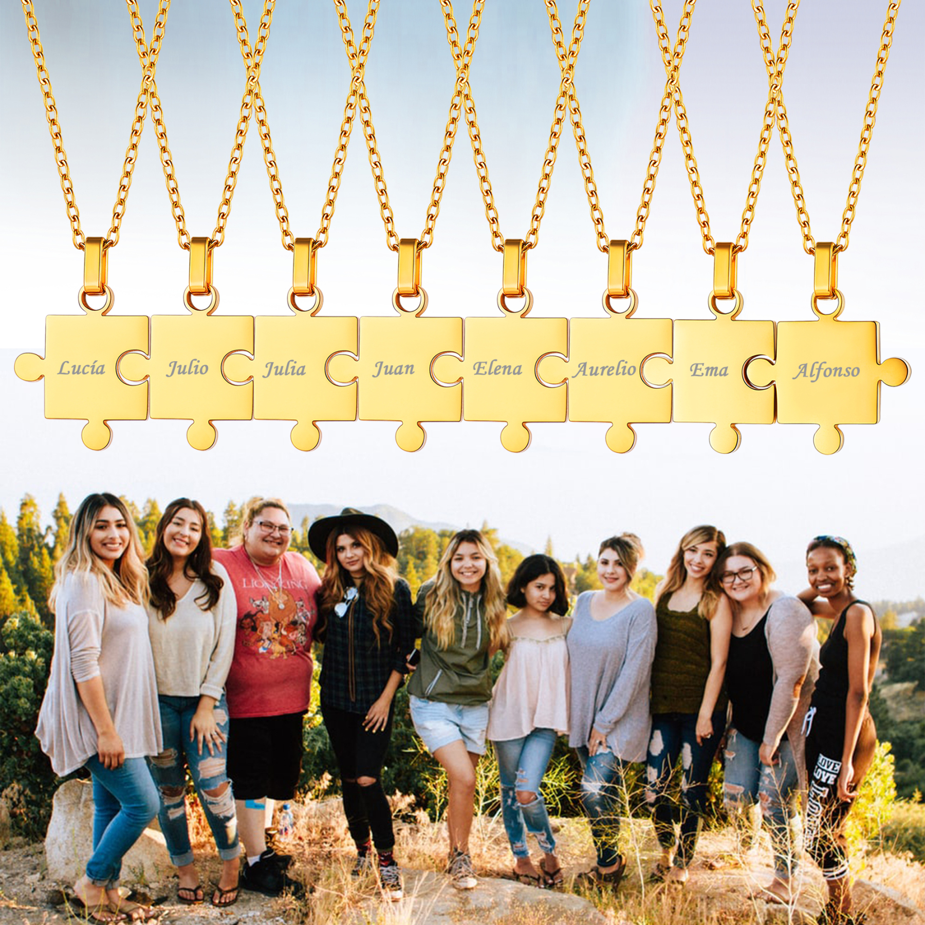 Colliers Puzzle Gravé 8 Pièces en Acier Inoxydable pour Famille