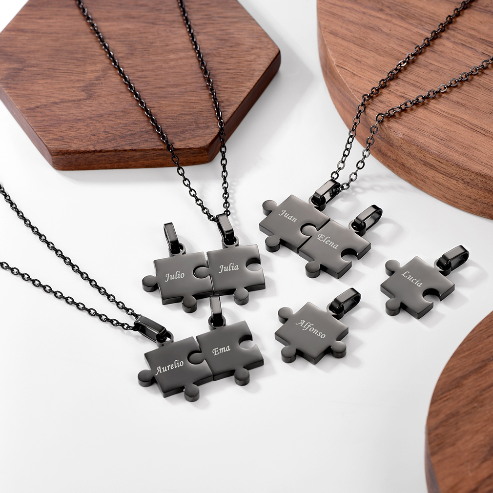 Colliers Puzzle Gravé 8 Pièces en Acier Inoxydable Noir