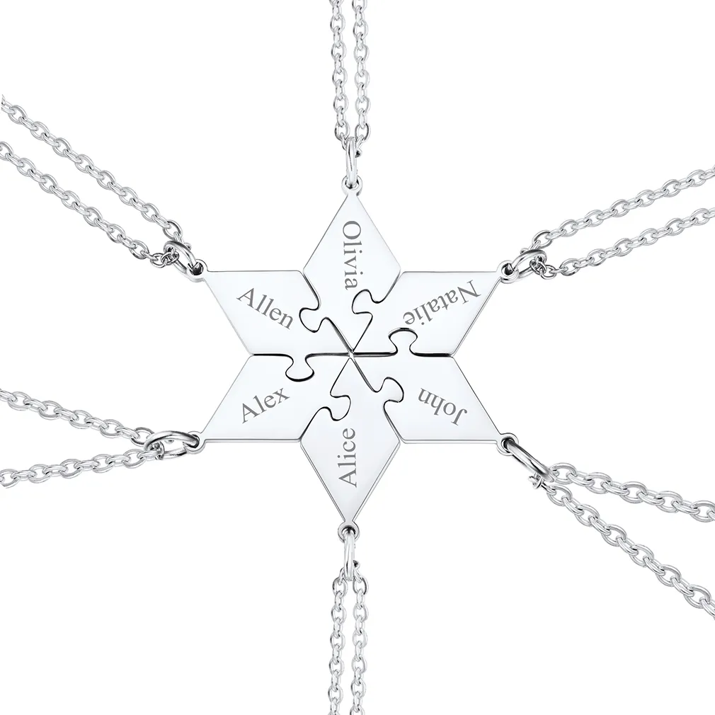 Collier Puzzle 6 Pièces Personnalisé avec Noms pour Famille Argenté