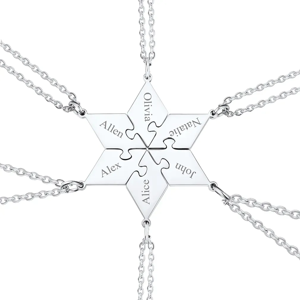 Collier Puzzle 6 Pièces Personnalisé avec Noms pour Famille Argenté