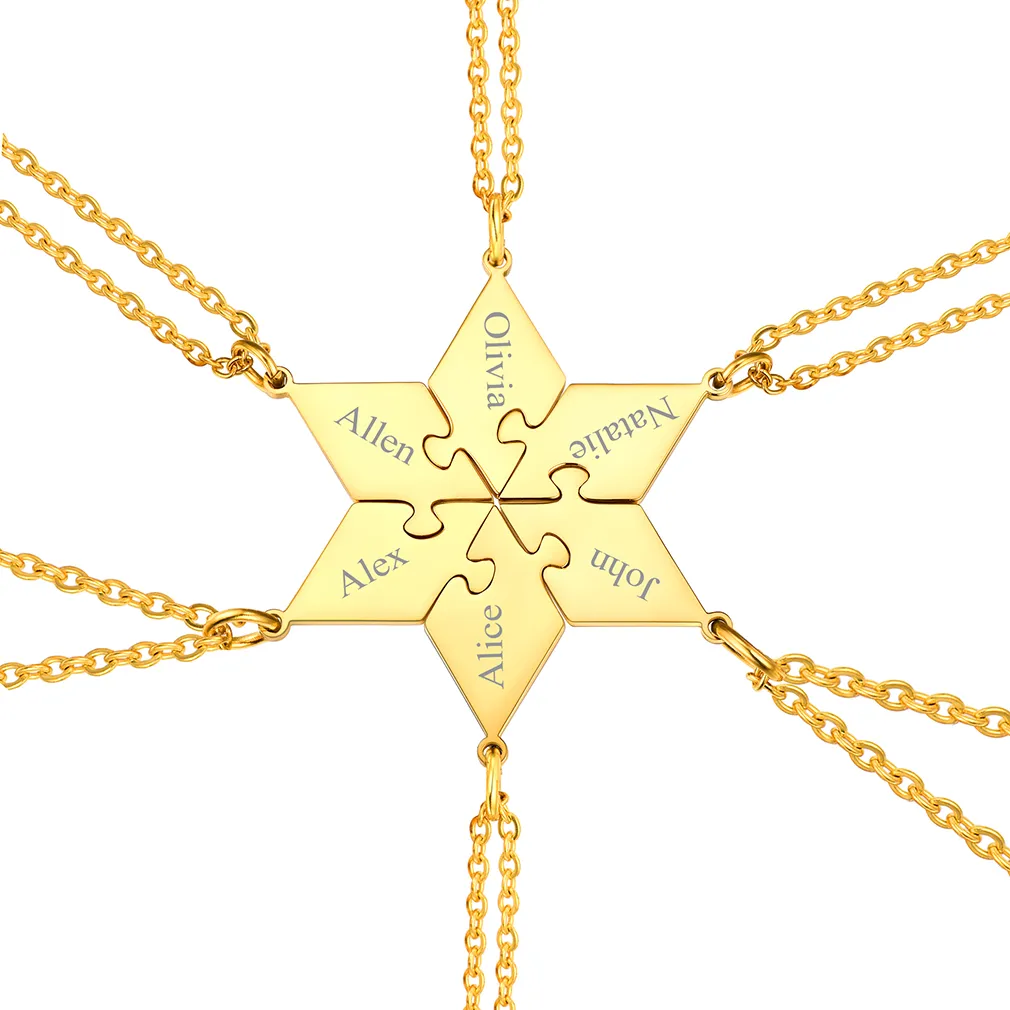 Collier Puzzle 6 Pièces Personnalisé avec Noms pour Famille Or
