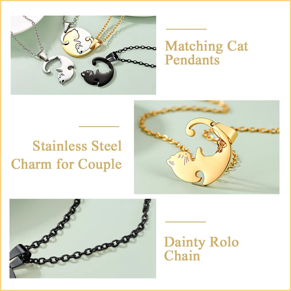 Collier assorti personnalisé avec prénoms gravés en forme de chat pour couple Detail