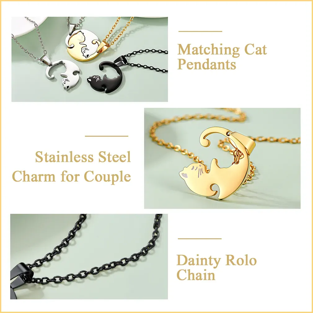 Collier assorti personnalisé avec prénoms gravés en forme de chat pour couple Detail