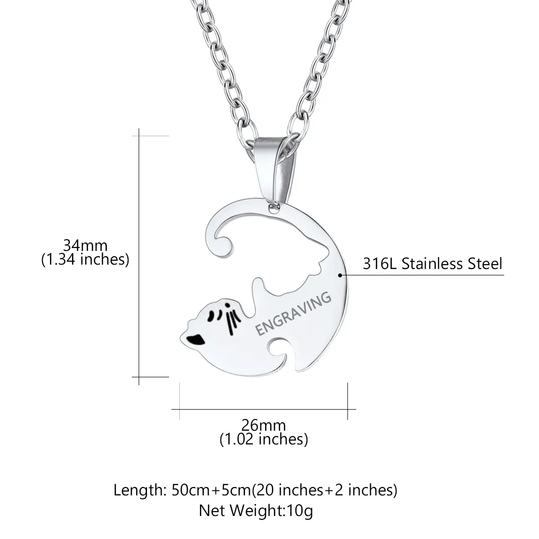 Collier assorti personnalisé avec prénoms gravés en forme de chat pour couple Taille