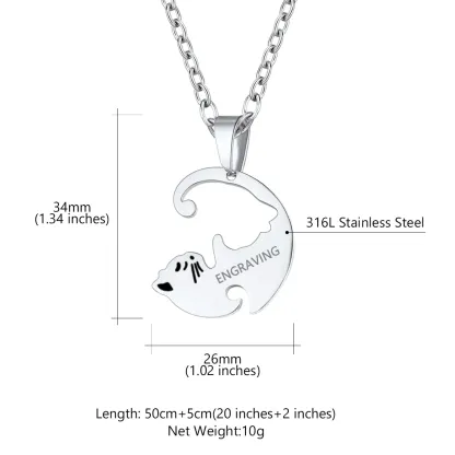 Collier assorti personnalisé avec prénoms gravés en forme de chat pour couple Taille