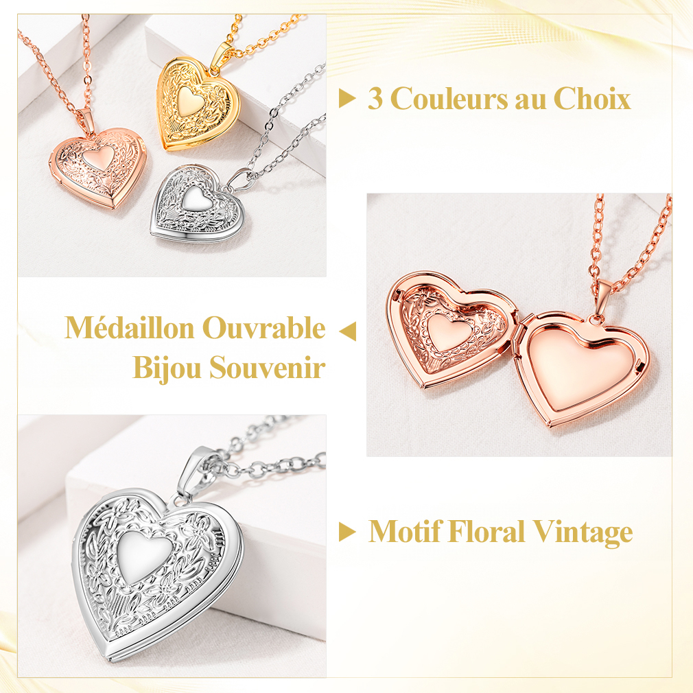 Collier Pendentif Personnalisé avec Photo Cœur Fleur Médaillon Détail