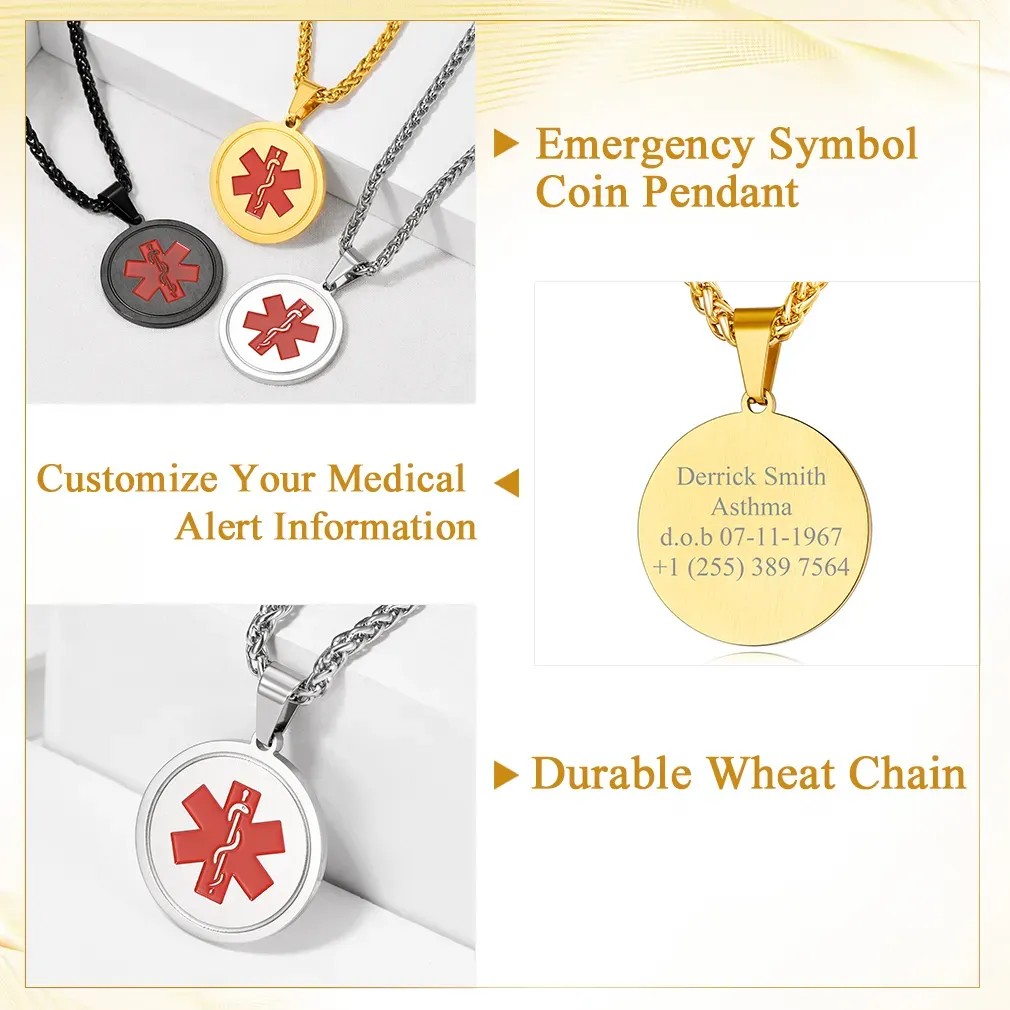 Collier Médical Urgence d'Alerte Personnalisé Gravé