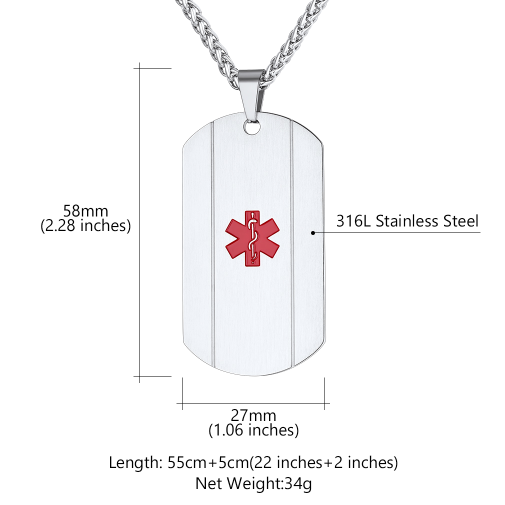 Collier Médical Personnalisé Gravé pour Hommes et Femmes Taille