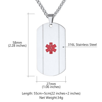 Collier Médical Personnalisé Gravé pour Hommes et Femmes Taille