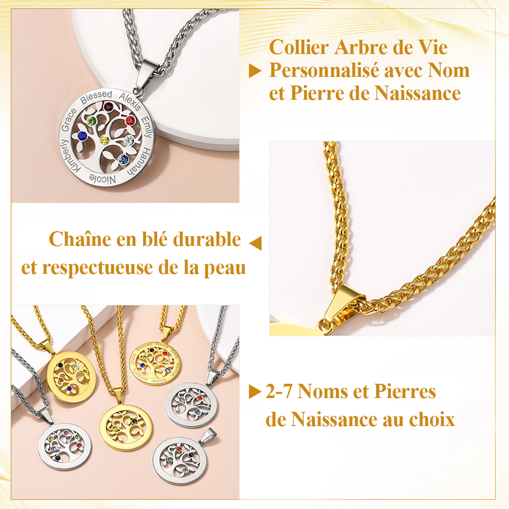 Collier Arbre de Vie avec Pierres de Naissance Personnalisé Detail