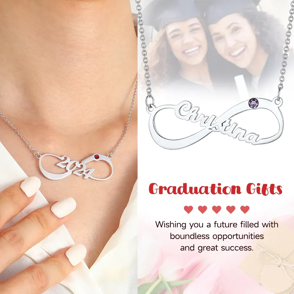Collier Infini Personnalisé avec Prénom et Pierre de Naissance Cadeau pour Femme