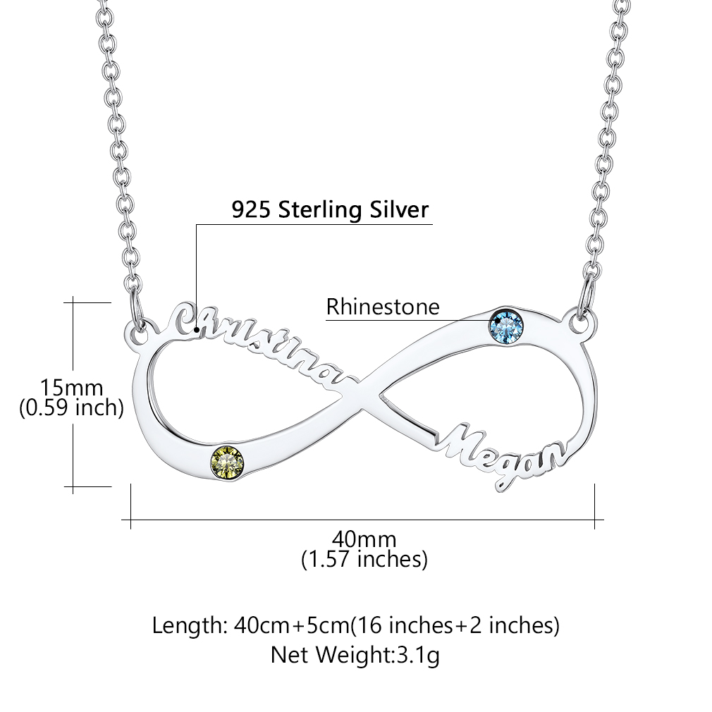 Collier Infini Personnalisé avec Pierre de Naissance et Prénoms pour Femme Taille