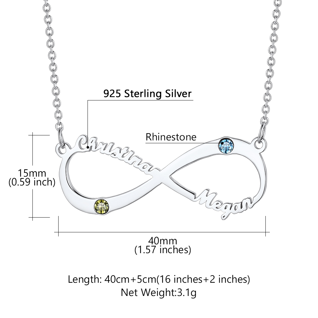 Collier Infini Personnalisé avec Pierre de Naissance et Prénoms pour Femme Taille
