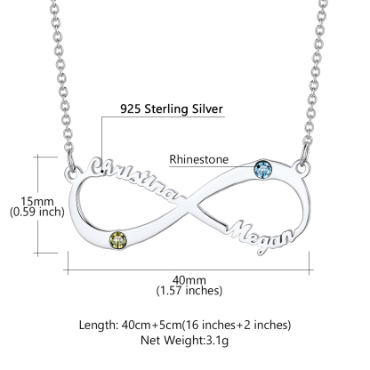Collier Infini Personnalisé avec Pierre de Naissance et Prénoms pour Femme Taille