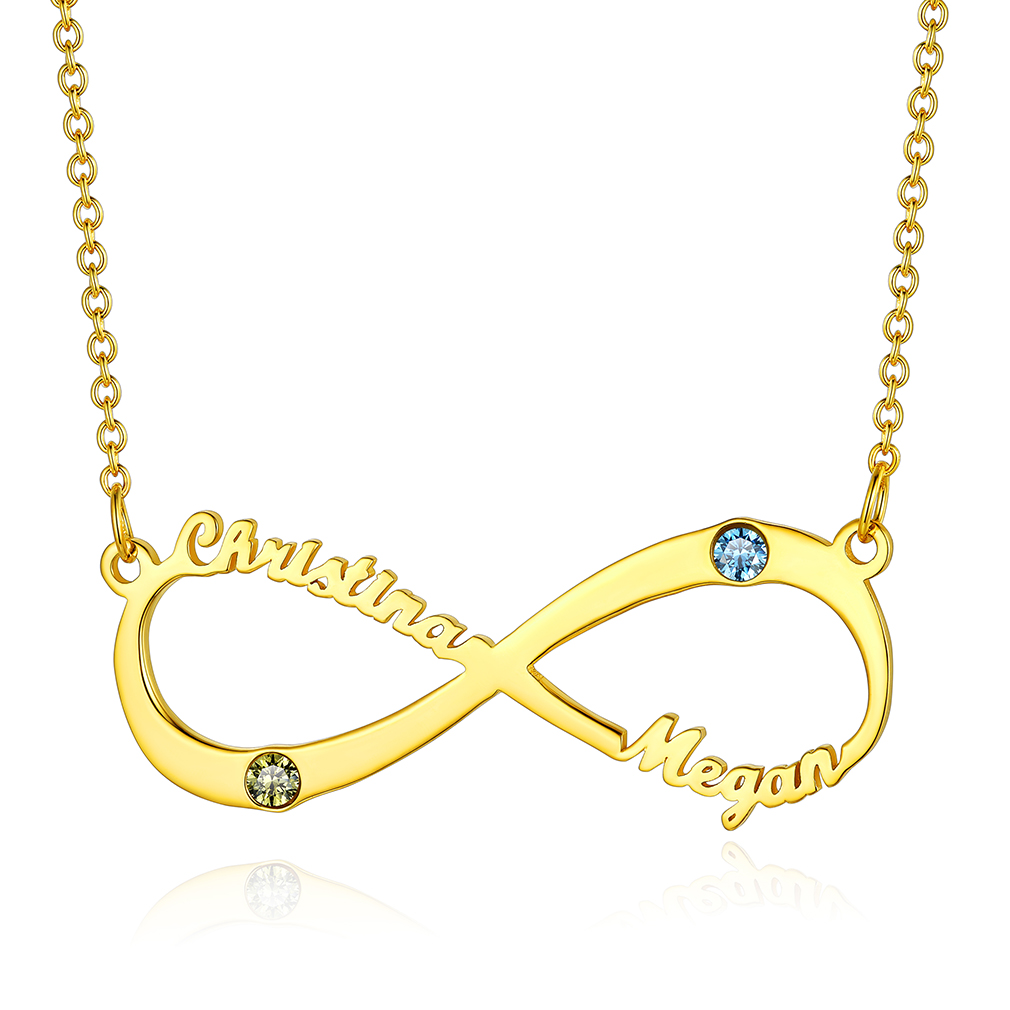Collier Infini Personnalisé avec Pierre de Naissance et Prénoms pour Femme Or