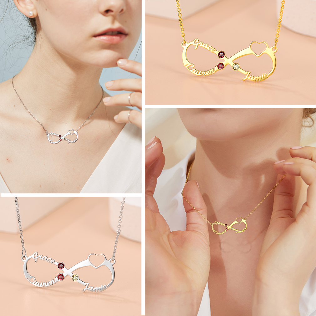 Collier Infini avec 3 Noms et Pierres de Naissance pour Femme