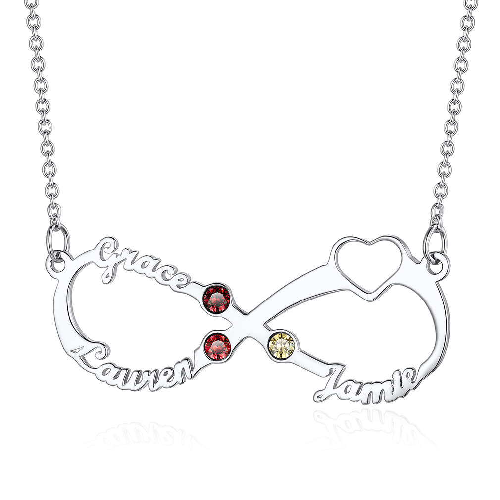 Collier Infini Personnalisé avec 3 Noms et Pierres de Naissance pour Femme Argenté