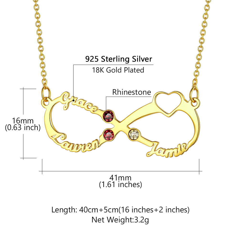Collier Infini Personnalisé avec 3 Noms et Pierres de Naissance pour Femme Taille