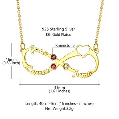 Collier Infini Personnalisé avec 3 Noms et Pierres de Naissance pour Femme Taille