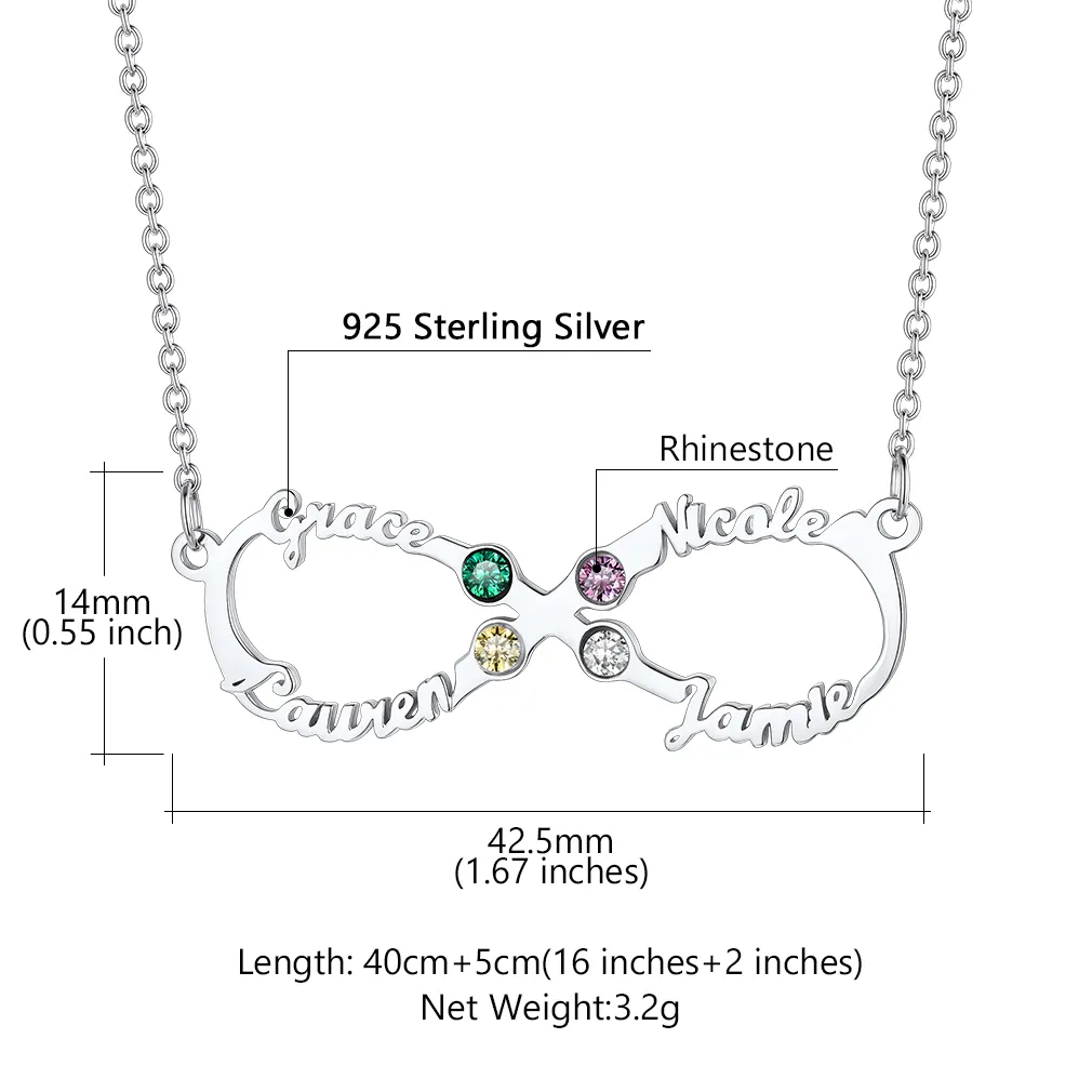 Collier Infini Personnalisé avec 4 Prénoms et Pierres de Naissance pour Femme Taille