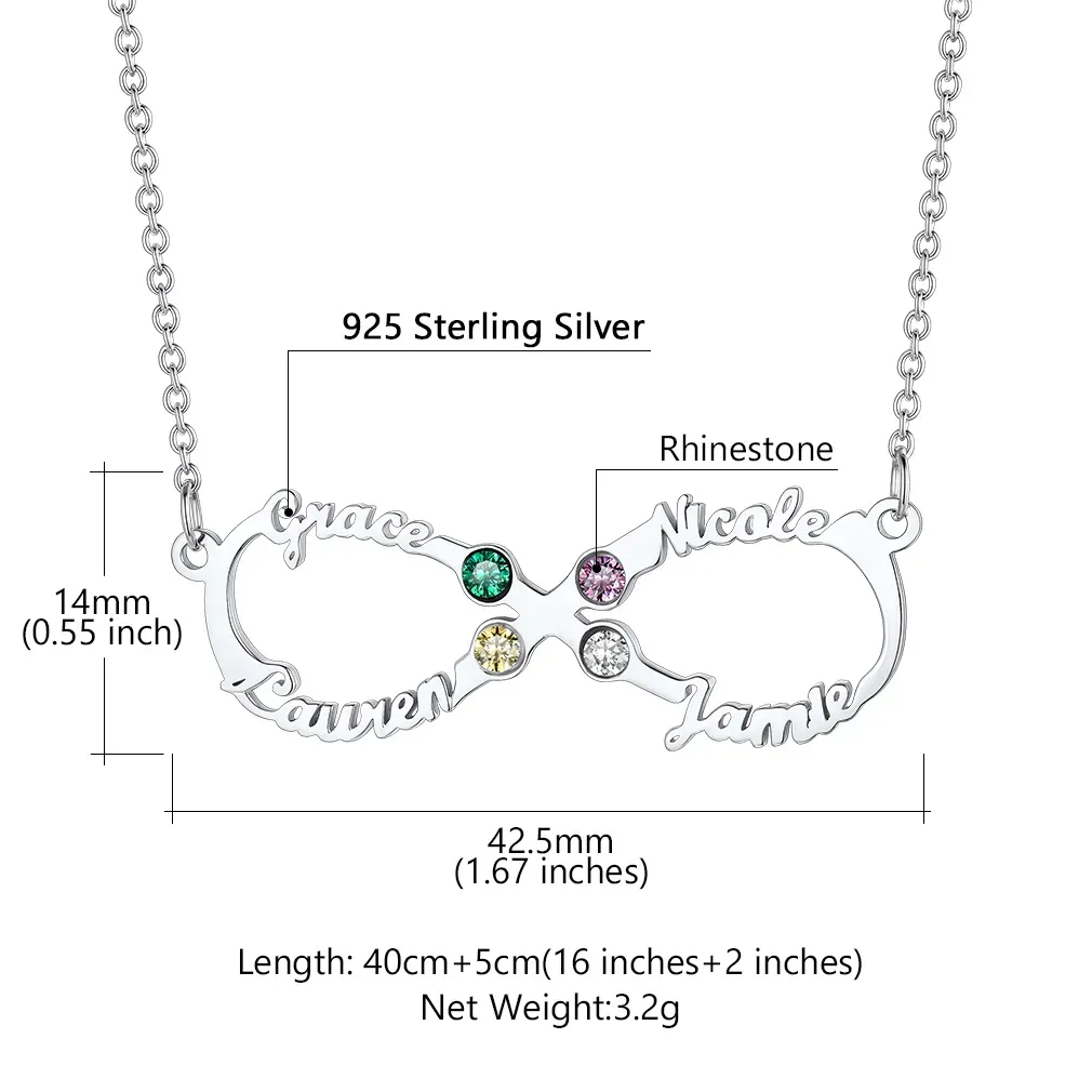 Collier Infini Personnalisé avec 4 Prénoms et Pierres de Naissance pour Femme Taille