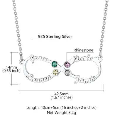 Collier Infini Personnalisé avec 4 Prénoms et Pierres de Naissance pour Femme Taille
