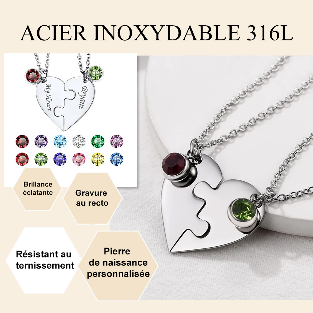 Collier Cœur Puzzle avec Pierres de Naissance Personnalisé pour maman