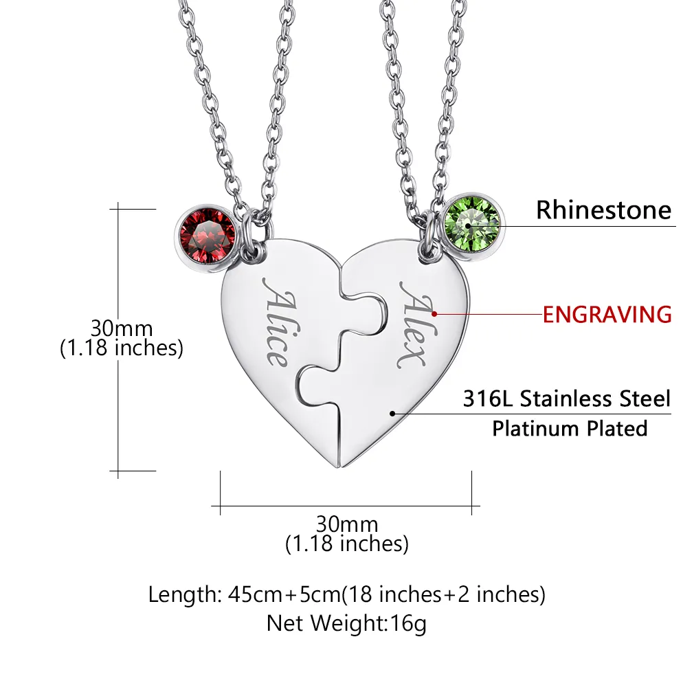 Collier Cœur Puzzle avec Pierres de Naissance Personnalisé pour Ami/Famille Taille 2 pièces