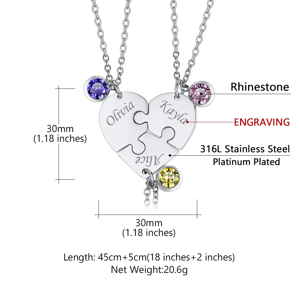 Collier Cœur Puzzle avec Pierres de Naissance Personnalisé pour Ami/Famille 3 pièces