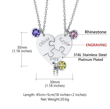 Collier Cœur Puzzle avec Pierres de Naissance Personnalisé pour Ami/Famille 3 pièces