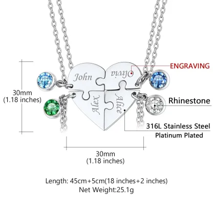 Collier Cœur Puzzle avec Pierres de Naissance Personnalisé pour Ami/Famille 4 pièces