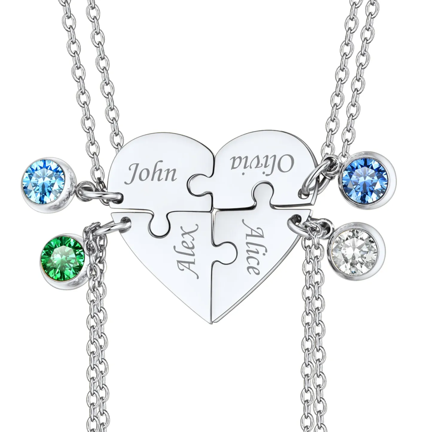 Collier Cœur Puzzle avec Pierres de Naissance Personnalisé pour Ami/Famille 4 pièces