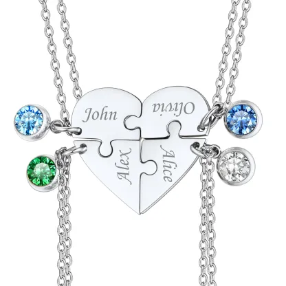 Collier Cœur Puzzle avec Pierres de Naissance Personnalisé pour Ami/Famille 4 pièces