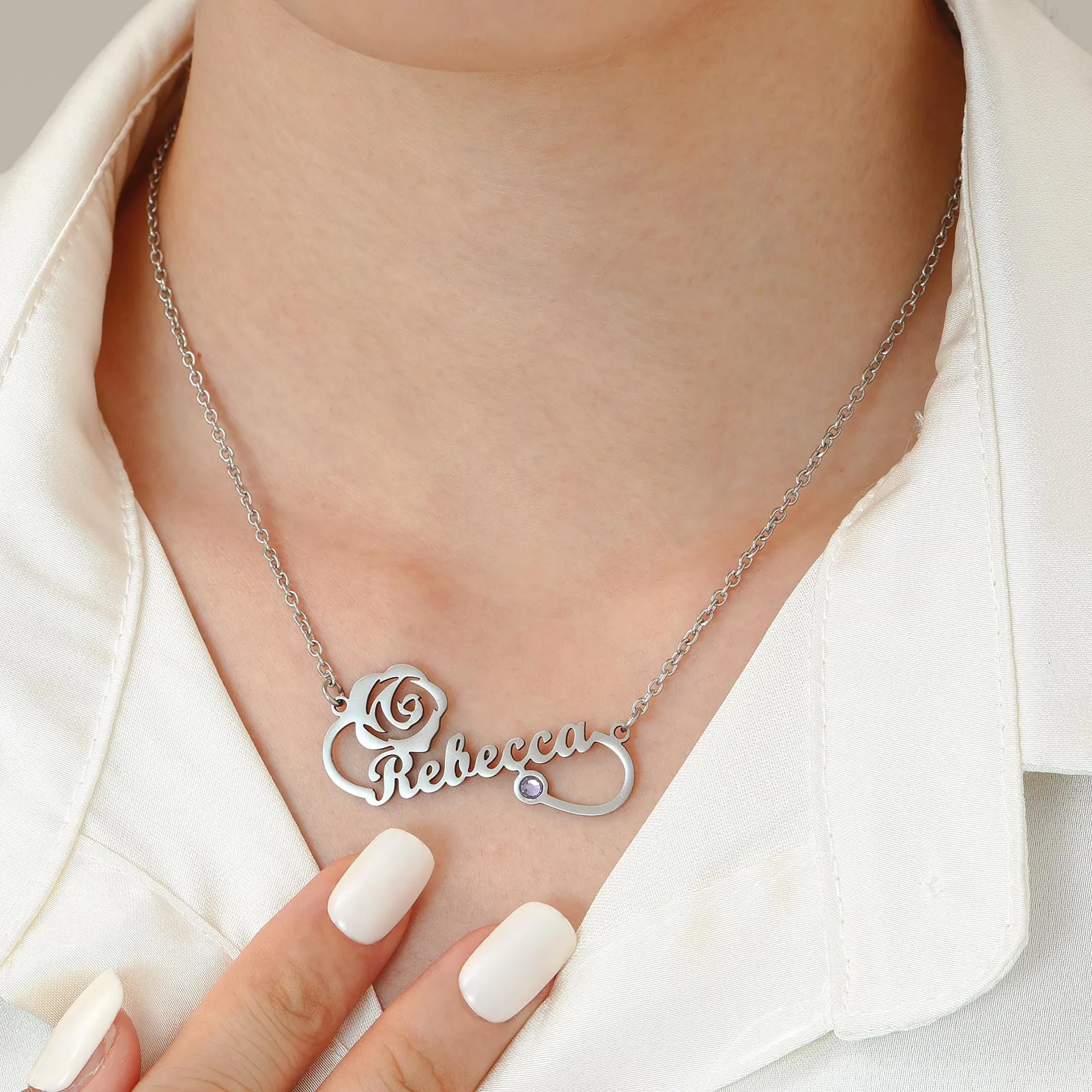 Collier Infini avec Prénom et Pierre de Naissance Personnalisé