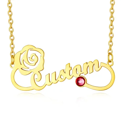Collier Infini avec Prénom et Pierre de Naissance Personnalisé pour Femme Or