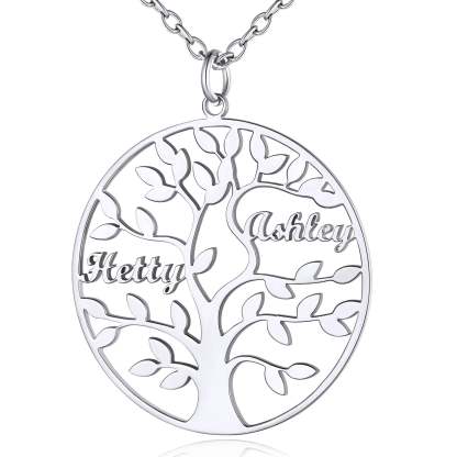 Collier Personnalisé Rond Arbre de Vie avec 2 Noms Argenté
