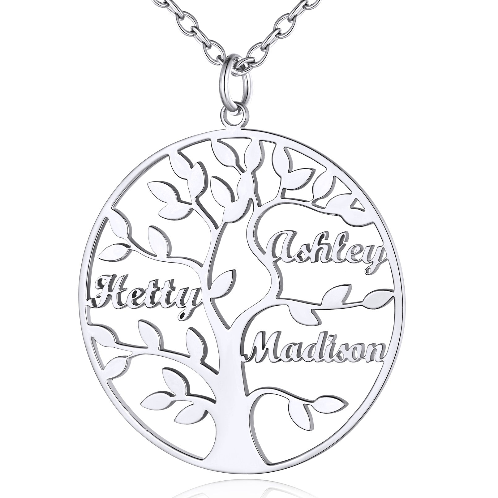 Collier Personnalisé Rond Arbre de Vie avec 3 Noms pour Famille Argenté
