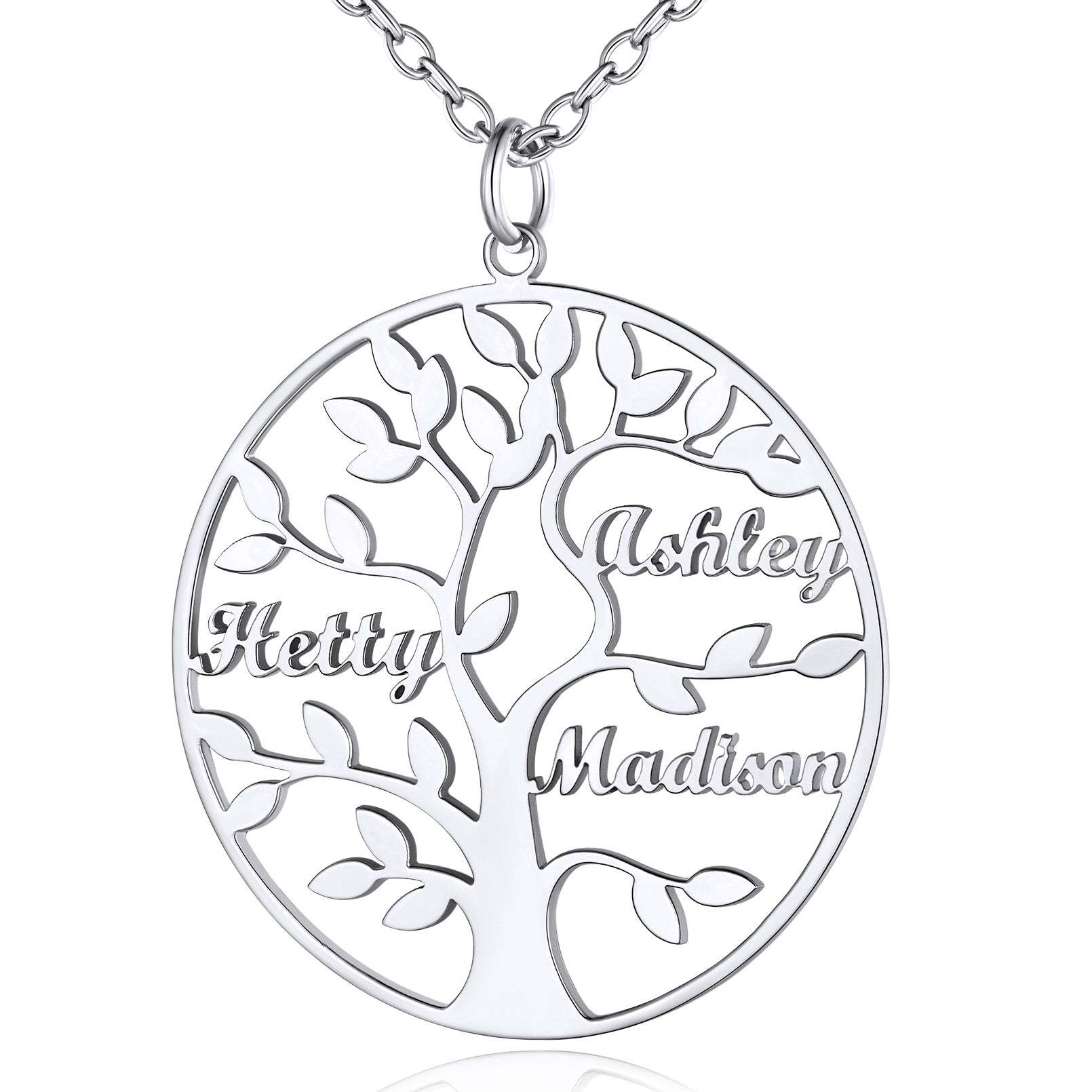 Collier Personnalisé Rond Arbre de Vie avec 3 Noms pour Famille Argenté