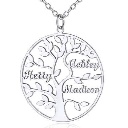 Collier Personnalisé Rond Arbre de Vie avec 3 Noms pour Famille Argenté